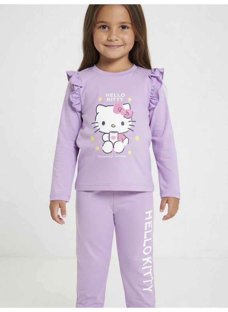 هالو كيتي هيلو كيتي | طقم تيشيرت وبنطال بأكمام طويلة للبنات | أرجواني فاتح - Image 1